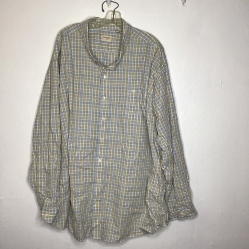 Dockers Men Button Up Plaid Shirt Long Sleeve Tan Blue White Size 4XL